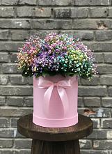 Цветочная композиция из Гипсофила и Розы в шляпной коробке в Заолешенке