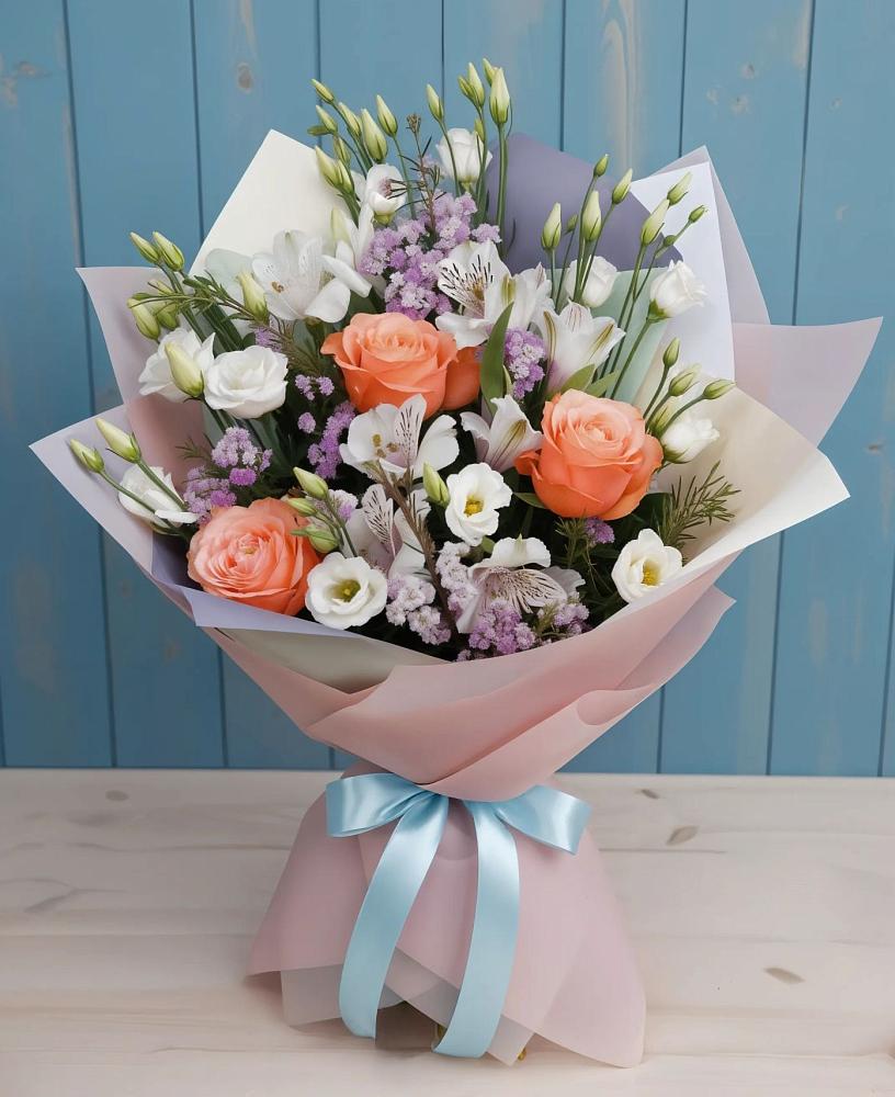 Букет цветов из: Лизиантусы, Розы, Альстромерии и Гипсофила в Заолешенке