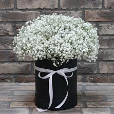 Цветочная композиция из Гипсофила в шляпной коробке в Заолешенке