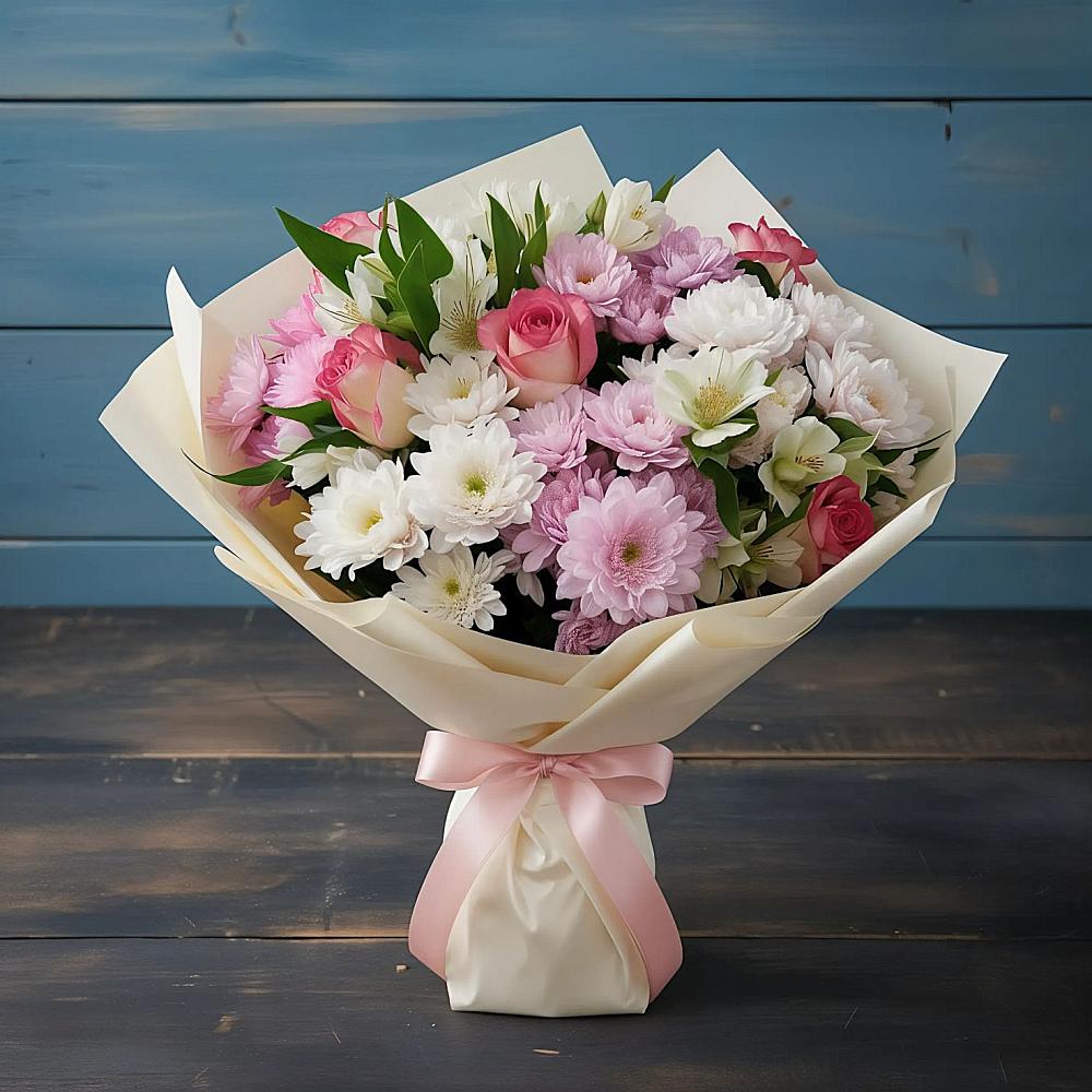 Букет цветов из: Хризантемы, Альстромерии и Розы в Заолешенке